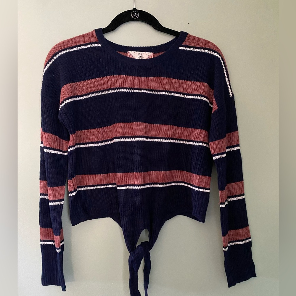 Navy & Pink tie-front cropped sweater